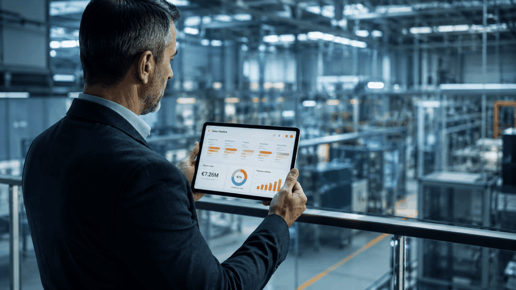 dirigeant observe CRM sur tablette avec en fond un site de production industriel